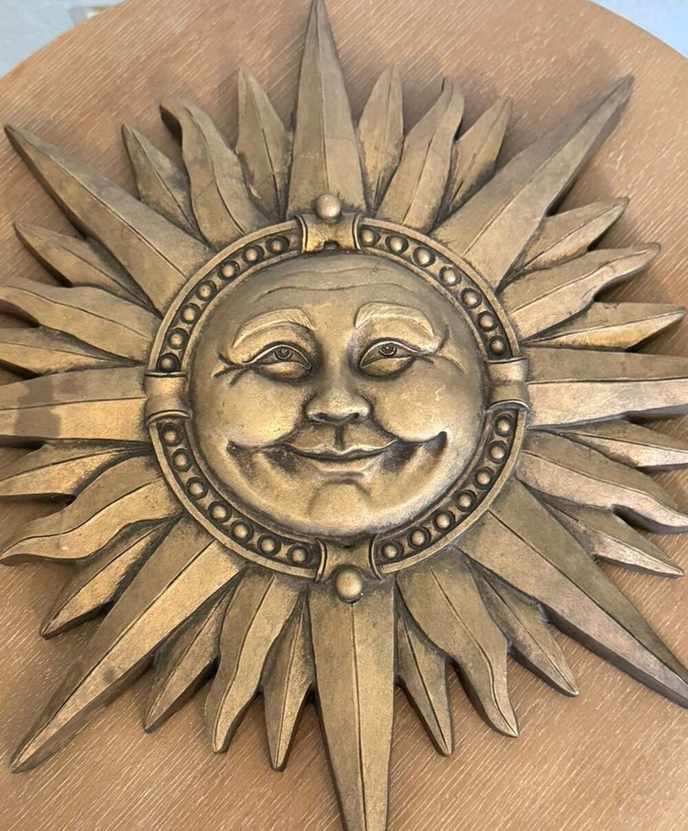 VTG 90s Celestial Sun Face Heavy Resin Wall Plaque Gold Bronze 3D Relief Boho